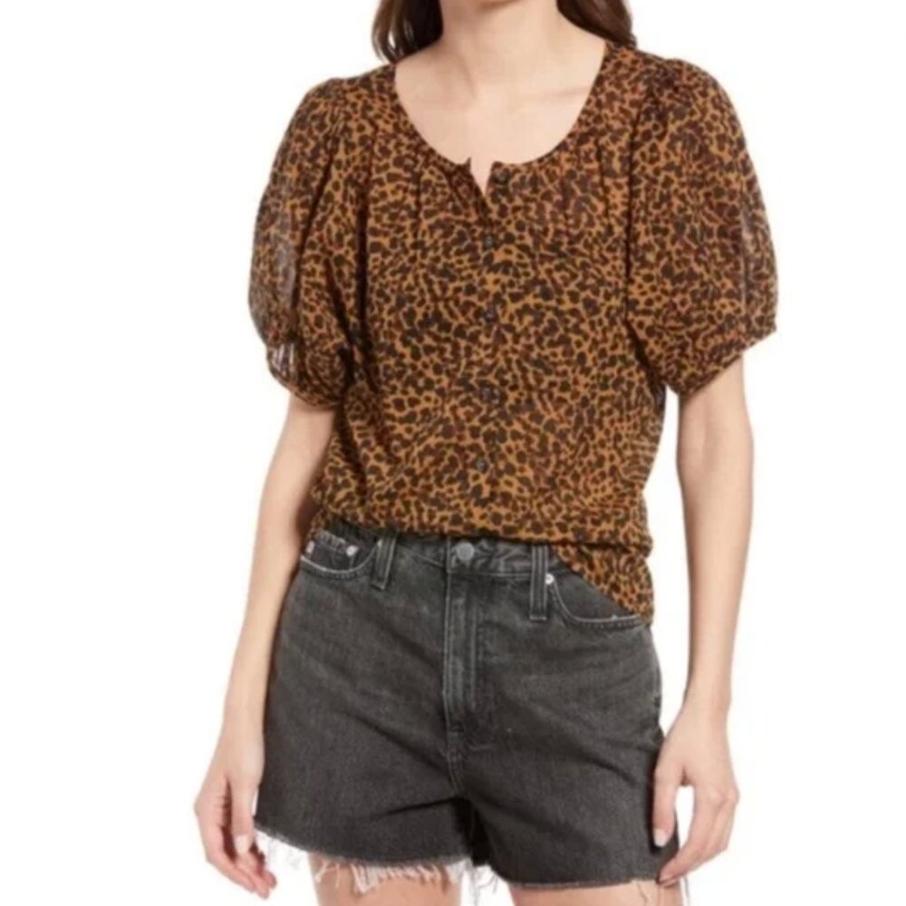EUC Madewell Balloon-Sleeve Button-Up Top in Painted Leopard- Large - Picture 5 of 12